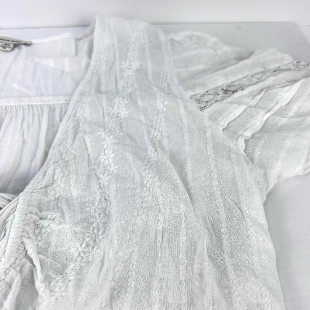 American Eagle V-Neck Gauzy Lace Tie-Front White Blouse Top BOHO L - Picture 8 of 14